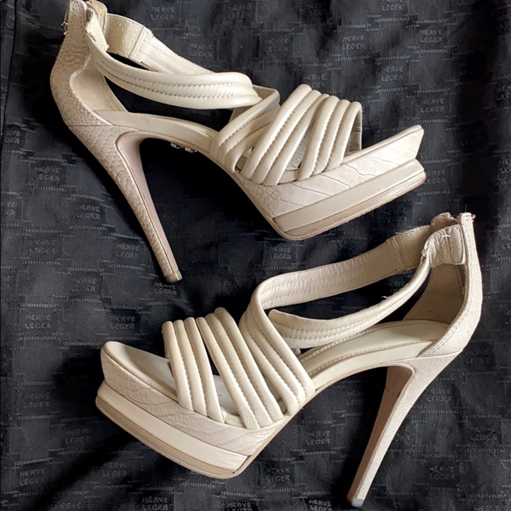Herve Leger taupe color platform heels!
